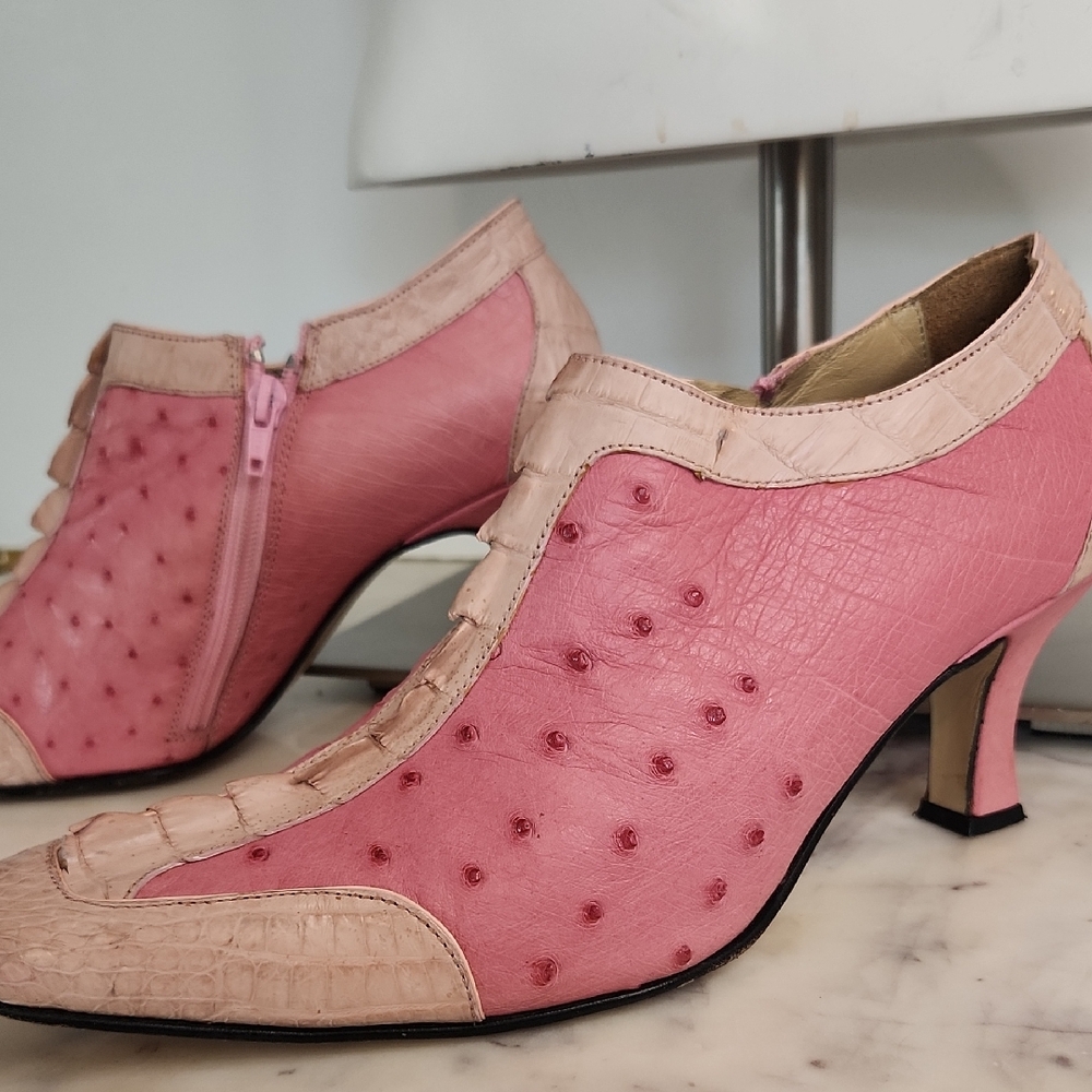 Max Leather USA Chic Pink Ostrich Leather Heels Sz 10.5 (Handmade)